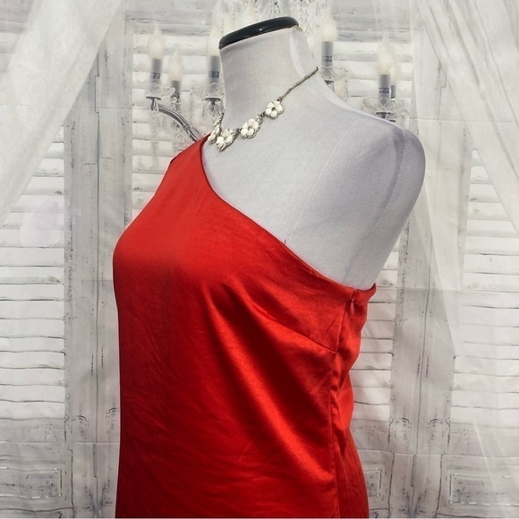 Skies Are Blue Medium One Shoulder Long Sleeve Solid Red Dress Satin Midi Slit - Picture 6 of 12